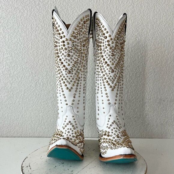 Lane DOLLY White Cowboy Boots Womens 7.5 Gold Bling Western Wedding Bridal Tall - Picture 5 of 11